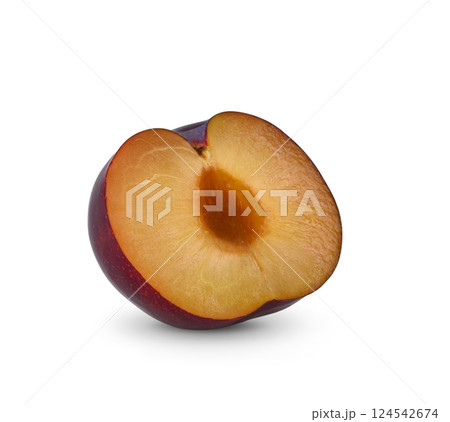 Isolated plums. Half of blue plum fruit with leaves isolated on white background, with clipping path 124542674