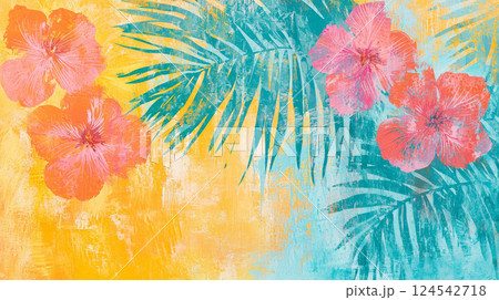 Vibrant abstract tropical hawaiian style background with colorful flowers and palms. concept of exotic nature, island paradise, floral art 124542718