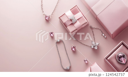 Elegant jewelry display with copy space featuring pink and diamond accessories. concept of luxury, glamour, fashion, and elegant gift ideas 124542737
