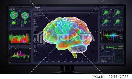 Detailed brain scan visualization in advanced medical software. concept of neurology, brain analysis, diagnostic imaging, technological innovation. 124542758