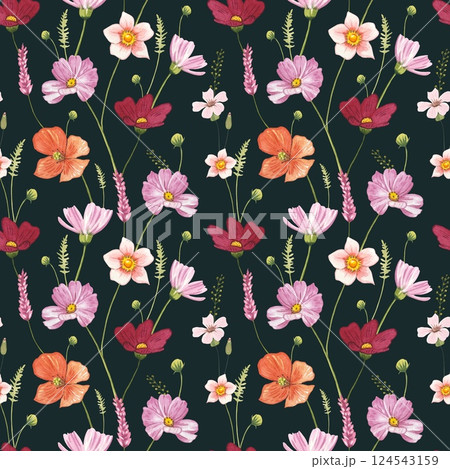 Floral seamless pattern with meadow flowers on a dark background, watercolor 124543159