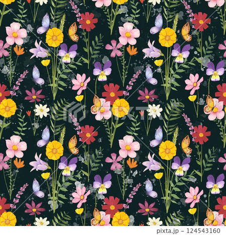 Floral seamless pattern with meadow flowers on a dark background, watercolor 124543160