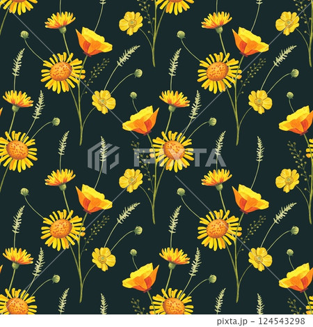 Floral seamless pattern with yellow meadow flowers on a dark background, watercolor 124543298