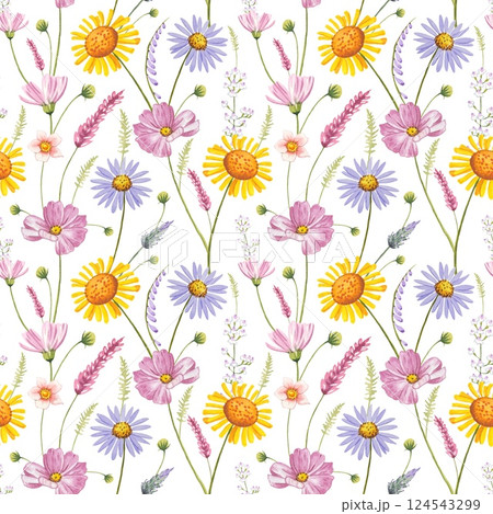 Floral seamless pattern with  meadow flowers, watercolor 124543299