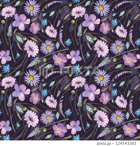 Floral seamless pattern with purple meadow flowers, watercolor 124543301