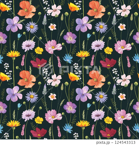 Floral seamless pattern with meadow flowers on a dark background, watercolor Floral seamless pattern with meadow flowers on a dark background, watercolor 124543313