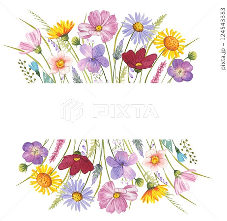 Frame with meadow flowers. Watercolor illustration 124543383