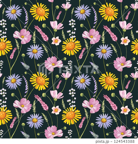 Floral seamless pattern with meadow flowers on a dark background, watercolor 124543388