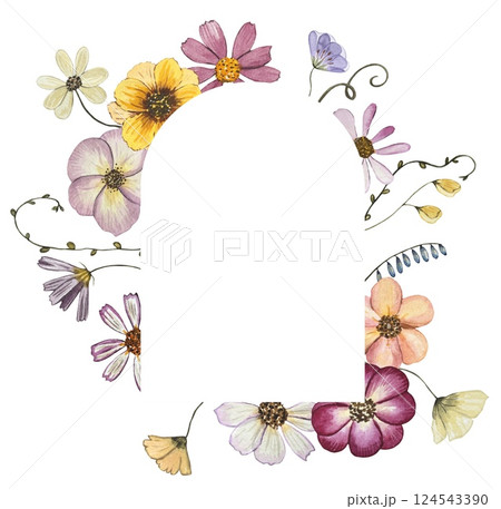 Frame with watercolor pressed dried flowers. Isolated on white background 124543390