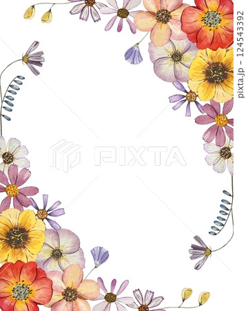 Frame with watercolor pressed dried flowers. Isolated on white background 124543392