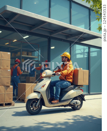 Urban delivery service concept: worker on scooter at modern warehouse Urban delivery service concept: worker on scooter at modern warehouse 124543533