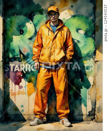 Urban street style in vibrant yellow against graffiti wall 124543537