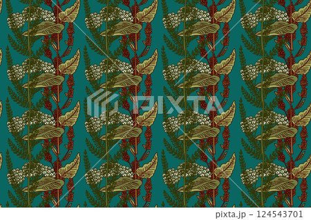 Botanical floral seamless pattern with wildflowers vector illustration. Repeating medicinal plants pattern in turquoise background. Graphic design for Fashion Cover Textile Birthday Greeting Card Botanical floral seamless pattern with wildflowers vector illustration. Repeating medicinal plants pattern in turquoise background. Graphic design for Fashion Cover Textile Birthday Greeting Card 124543701