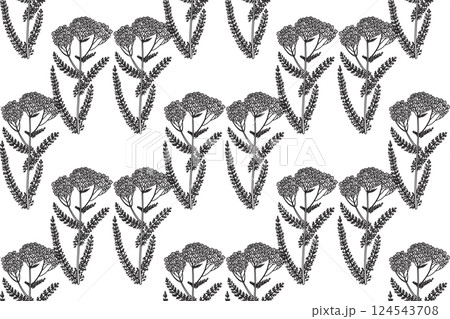 Line art botanical seamless floral pattern with wildflowers vector illustration. Black outline repeating medicinal plants in white background. Graphic design for Fashion Cover Textile Coloring Page Line art botanical seamless floral pattern with wildflowers vector illustration. Black outline repeating medicinal plants in white background. Graphic design for Fashion Cover Textile Coloring Page 124543708
