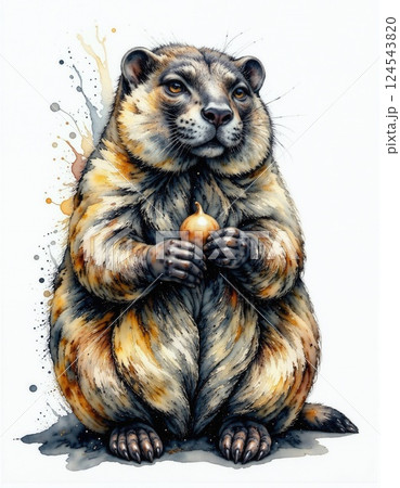 Charming groundhog holding acorn with watercolor splatter effect 124543820