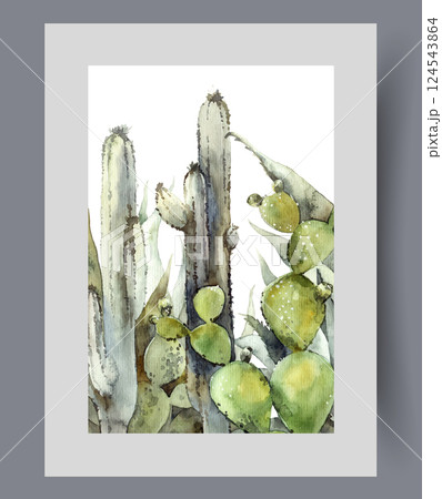 Cacti with sharp thorns and prickles growing in hot, arid climates on wall art. Watercolor artwork 124543864