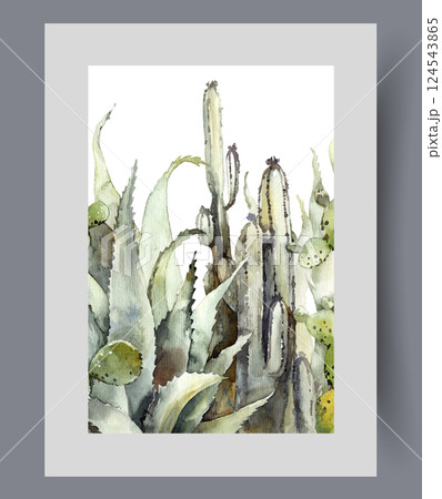 Wild cacti and succulent plants from desert with arid climate on wall art. Watercolor artwork 124543865
