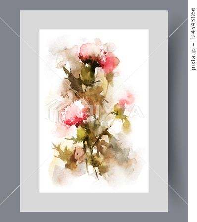 Summer prickly dried flowers and weeds growing in wild fields on wall art. Watercolor artwork 124543866