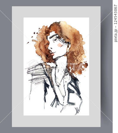 Red-haired woman posing in business casual manner turns face to side. Watercolor artwork Red-haired woman posing in business casual manner turns face to side. Watercolor artwork 124543867