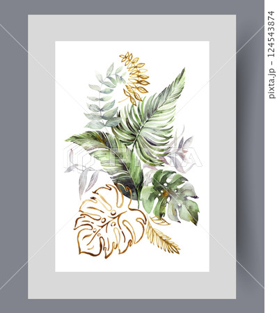Thickets of tropical vegetation and palm petals and jungle bushes on print. Watercolor artwork 124543874
