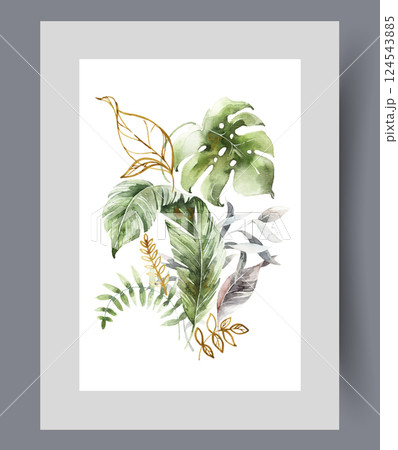 Plants from tropical botanical garden with exotic shrubs and herbs on wall art. Watercolor artwork 124543885