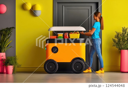 Woman pushing a colorful robotic food cart in modern interior Woman pushing a colorful robotic food cart in modern interior 124544048