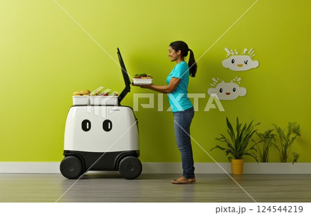 Robot food delivery service with woman receiving meal 124544219