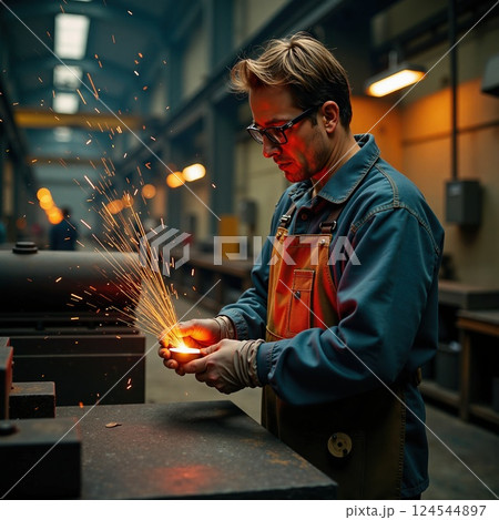 Caucasian male adult blacksmith creating sparks in workshop 124544897