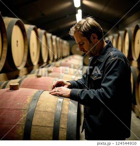 Caucasian male adult inspecting wine barrels in cellar Caucasian male adult inspecting wine barrels in cellar 124544910