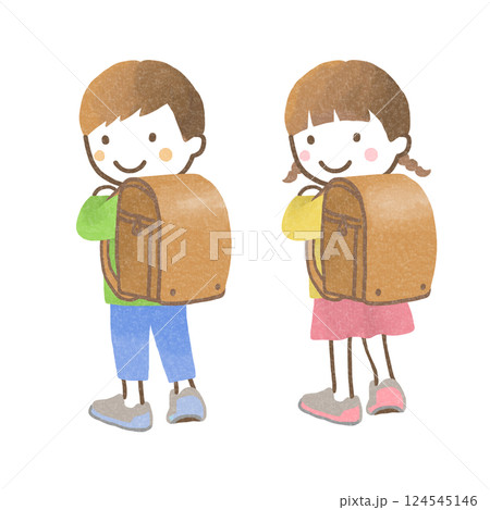 ランドセルを背負った小学生の男の子と女の子 ランドセルを背負った小学生の男の子と女の子 124545146