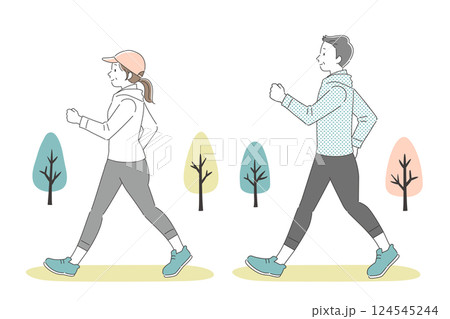 公園でウォーキングする男女のシンプルイラスト 公園でウォーキングする男女のシンプルイラスト 124545244