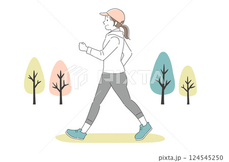 公園でウォーキングする中年女性のシンプルイラスト 124545250