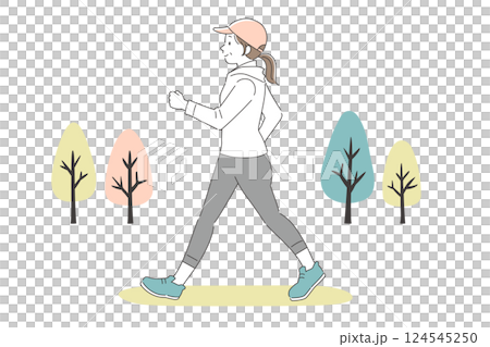 公園でウォーキングする中年女性のシンプルイラスト 124545250
