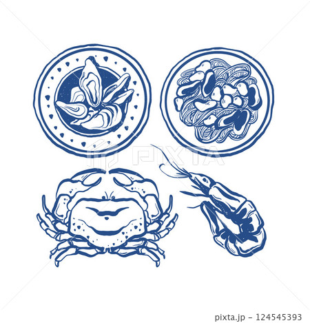 Vector blue line art illustration of seafood, crab, shrimp and seafood pasta. Vector doodle illustration Vector blue line art illustration of seafood, crab, shrimp and seafood pasta. Vector doodle illustration 124545393