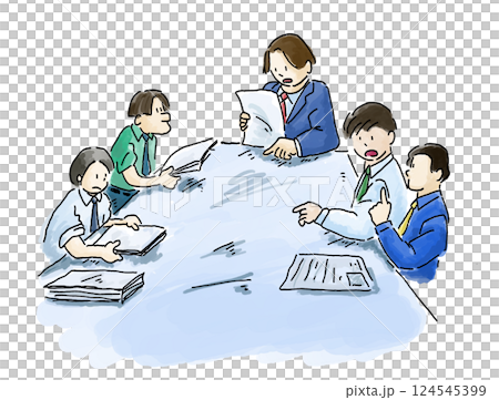 Hand-drawn illustration of several male employees in a meeting at a company. A slightly American comic-style illustration (bumpy lines) Hand-drawn illustration of several male employees in a meeting at a company. A slightly American comic-style illustration (bumpy lines) 124545399