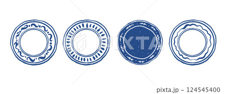 Set of hand drawn doodle plates in blue color. Graphic tableware. Vector illustration Set of hand drawn doodle plates in blue color. Graphic tableware. Vector illustration 124545400