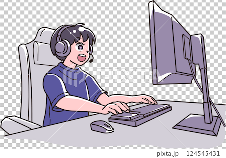 圖：一個男孩微笑著使用電腦 124545431