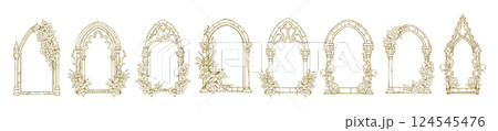 Wedding floral arch frame window set, elegant vector hand drawn invitation border flowers design. Wedding floral arch frame window set, elegant vector hand drawn invitation border flowers design. 124545476