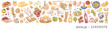 Italian food cooking eatery illustration, vector hand drawn watercolor diner table object pasta. Italian food cooking eatery illustration, vector hand drawn watercolor diner table object pasta. 124545479