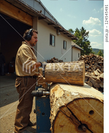 Caucasian male adult working with wood logs in outdoor workshop Caucasian male adult working with wood logs in outdoor workshop 124545491