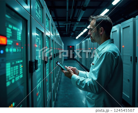 Caucasian male engineer monitoring data center equipment with handheld device 124545507