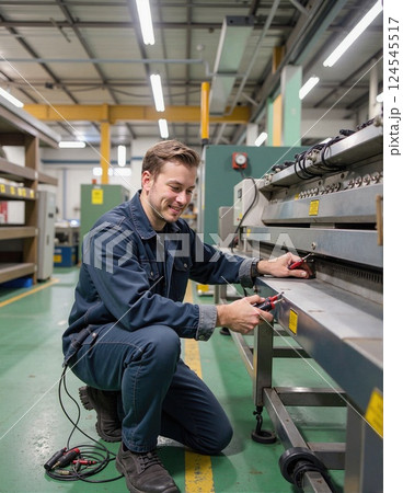 Caucasian male mechanic inspecting industrial equipment in factory setting Caucasian male mechanic inspecting industrial equipment in factory setting 124545517