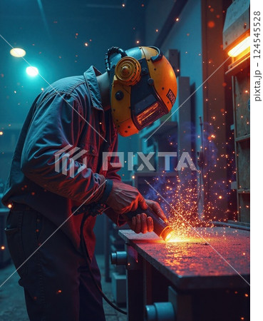 Caucasian male welder creating sparks in workshop wearing protective gear 124545528