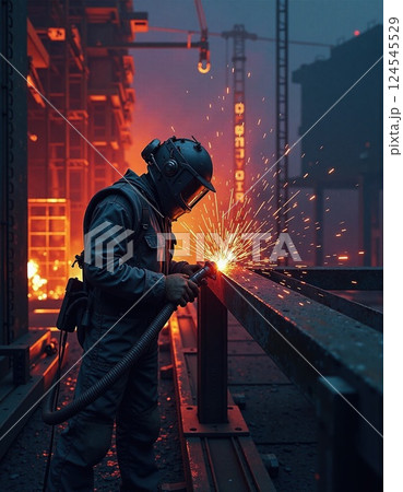Caucasian male welder working at night in industrial setting with sparks flying 124545529