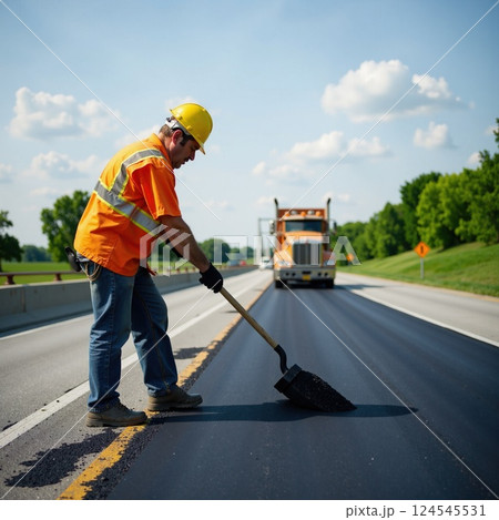 Caucasian male worker repairs highway in bright safety gear on sunny day 124545531