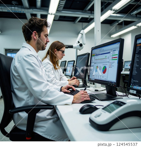 Caucasian young adults analyzing data in modern laboratory with computers 124545537
