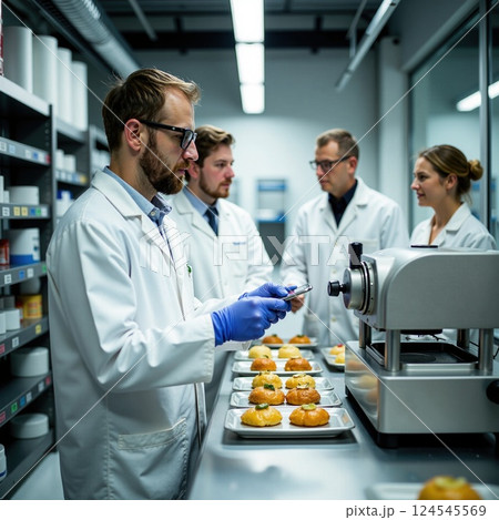 Diverse scientists analyzing baked goods in laboratory setting for quality assurance 124545569