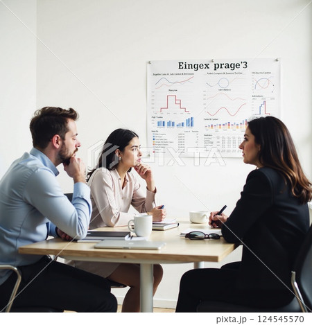 Diverse team analyzing business graphs in office meeting 124545570