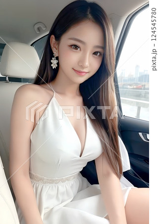 車の座席に座る白いドレスの女性 124545780