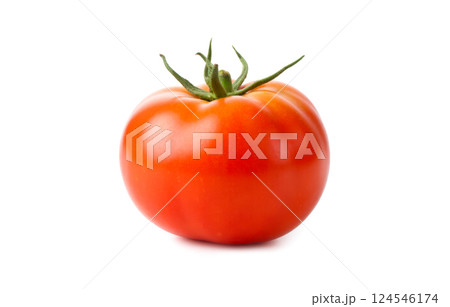 Fresh red tomato with green stem isolated on white background organic vegetable healthy ingredient cooking nutrition diet salads sauces gardening ripe juicy vibrant color Fresh red tomato with green stem isolated on white background organic vegetable healthy ingredient cooking nutrition diet salads sauces gardening ripe juicy vibrant color 124546174